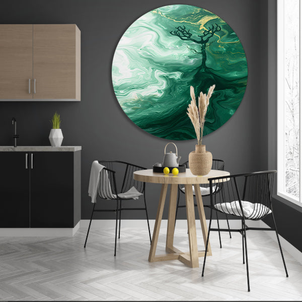 Abstracte boom in groen landschap aluminium muurcirkel