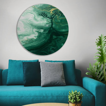 Abstracte boom in groen landschap aluminium muurcirkel
