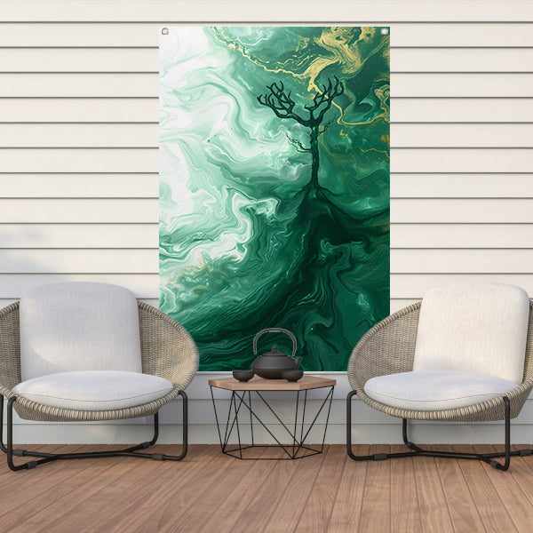 Abstracte boom in groen landschap tuinposter