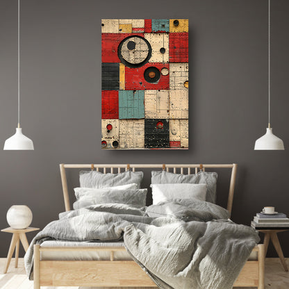 Abstract Kleurrijk Geometrische Houtkunst canvas met baklijst