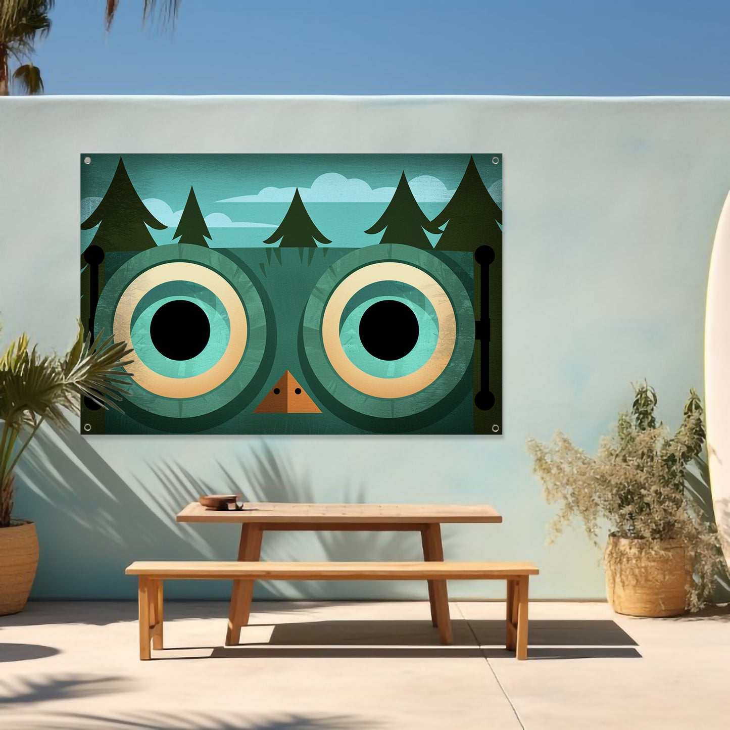 Minimalistische uil met bosachtergrond tuinposter