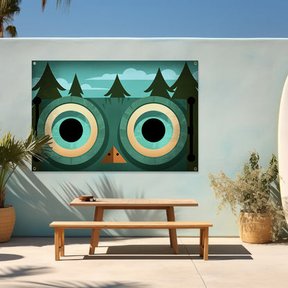 Minimalistische uil met bosachtergrond tuinposter