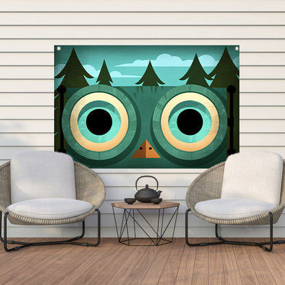 Minimalistische uil met bosachtergrond tuinposter