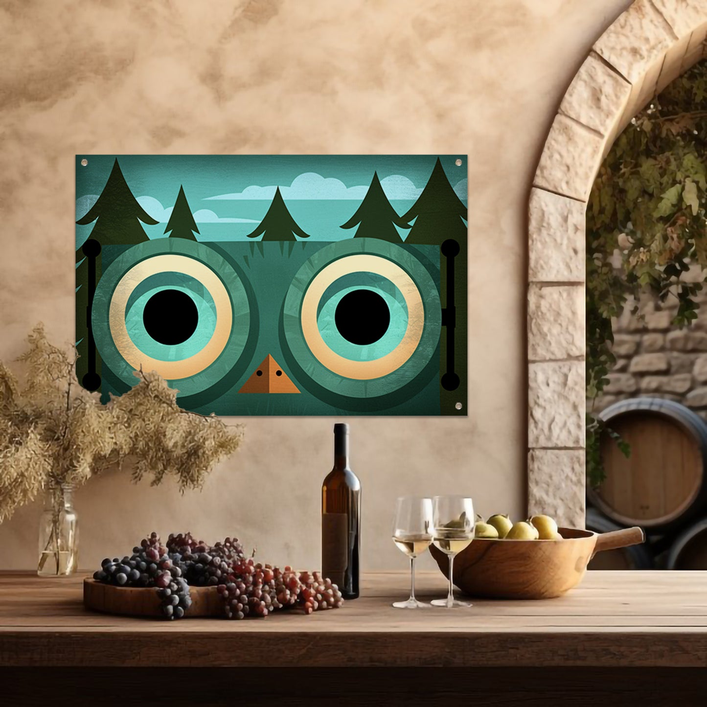 Minimalistische uil met bosachtergrond tuinposter