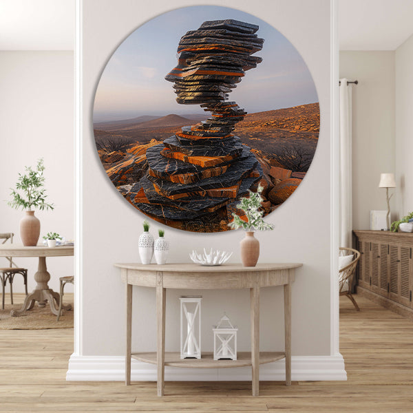 Stenen Gezicht in Uitgestrekt Landschap aluminium muurcirkel