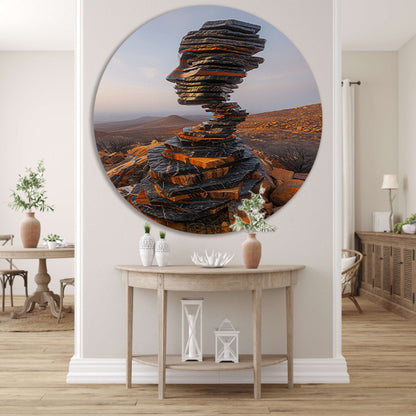 Stenen Gezicht in Uitgestrekt Landschap aluminium muurcirkel
