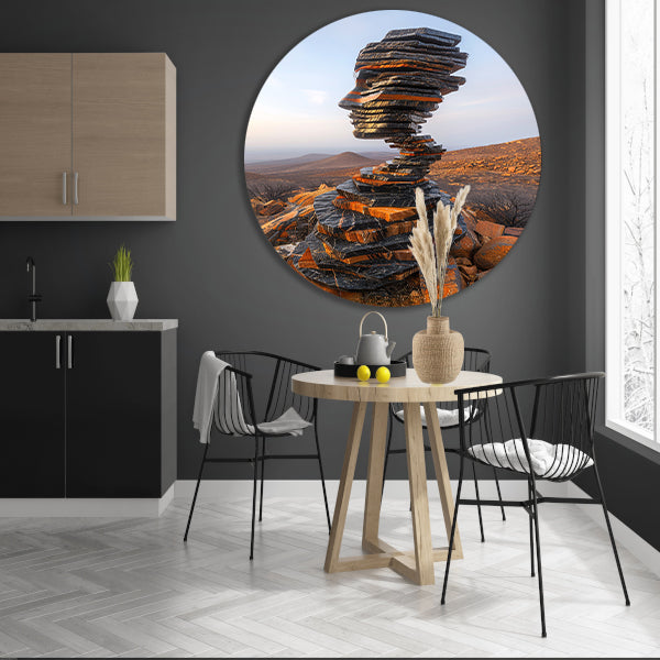 Stenen Gezicht in Uitgestrekt Landschap aluminium muurcirkel