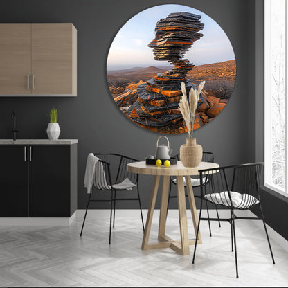 Stenen Gezicht in Uitgestrekt Landschap aluminium muurcirkel