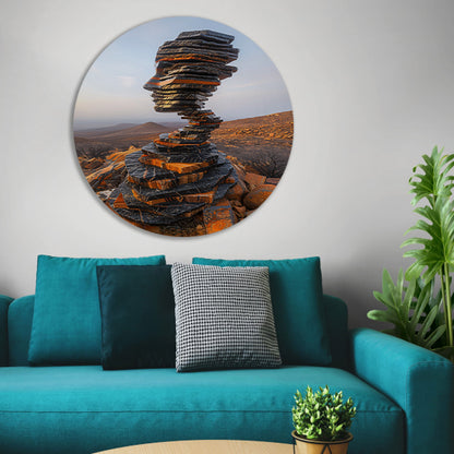 Stenen Gezicht in Uitgestrekt Landschap aluminium muurcirkel