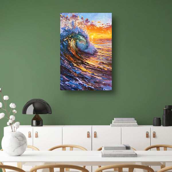 Schilderij van golf bij kleurrijke zonsondergang canvas met baklijst