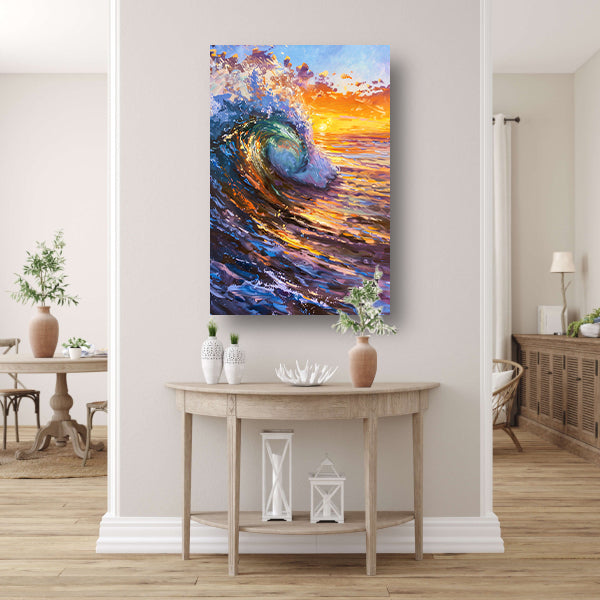 Schilderij van golf bij kleurrijke zonsondergang canvas met baklijst