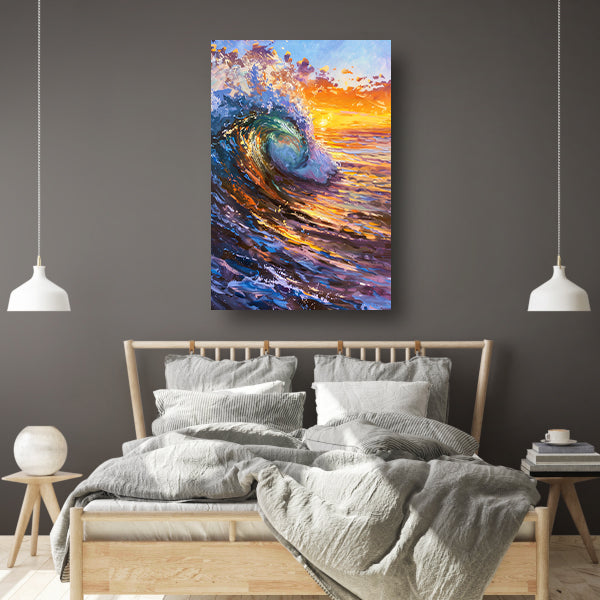 Schilderij van golf bij kleurrijke zonsondergang canvas met baklijst