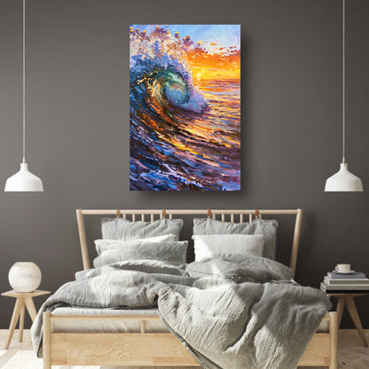 Schilderij van golf bij kleurrijke zonsondergang canvas met baklijst