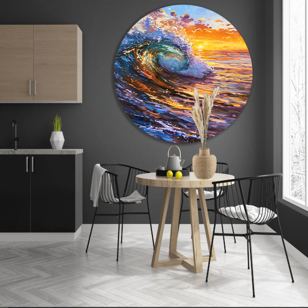 Schilderij van golf bij kleurrijke zonsondergang aluminium muurcirkel