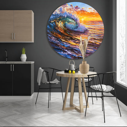 Schilderij van golf bij kleurrijke zonsondergang aluminium muurcirkel
