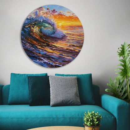 Schilderij van golf bij kleurrijke zonsondergang aluminium muurcirkel