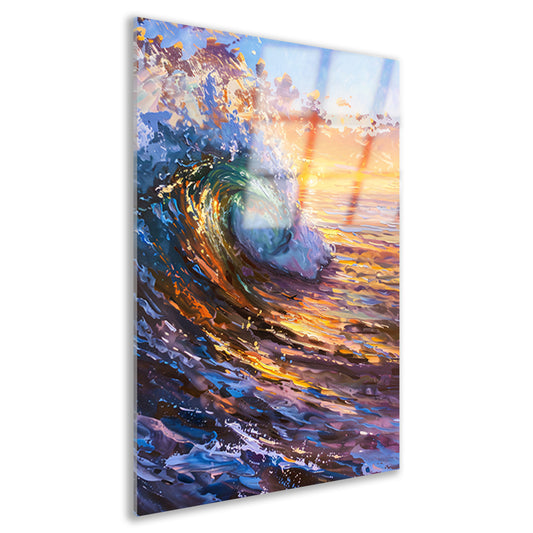 Schilderij van golf bij kleurrijke zonsondergang acrylglas
