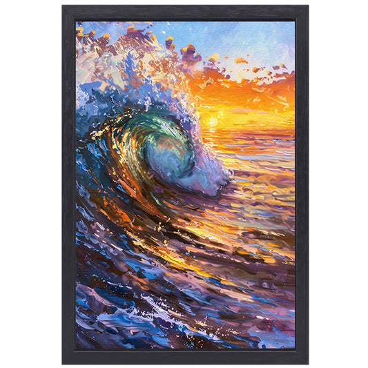 Schilderij van golf bij kleurrijke zonsondergang canvas met baklijst