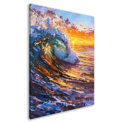 Schilderij van golf bij kleurrijke zonsondergang canvas