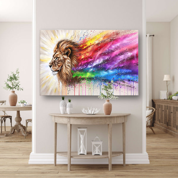 Majestueuze leeuw met kleurrijke regenboog manen poster