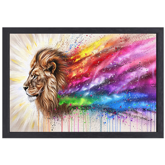 Majestueuze leeuw met kleurrijke regenboog manen canvas met baklijst