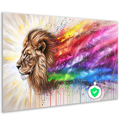 Majestueuze leeuw met kleurrijke regenboog manen poster