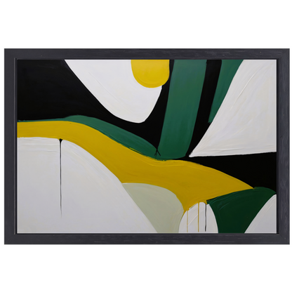 Contrasterende vormen in zwart, wit en geel canvas met baklijst