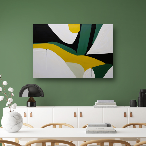 Contrasterende vormen in zwart, wit en geel canvas met baklijst