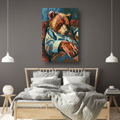 Kubistische Slapende Beer in Blauw Pak canvas