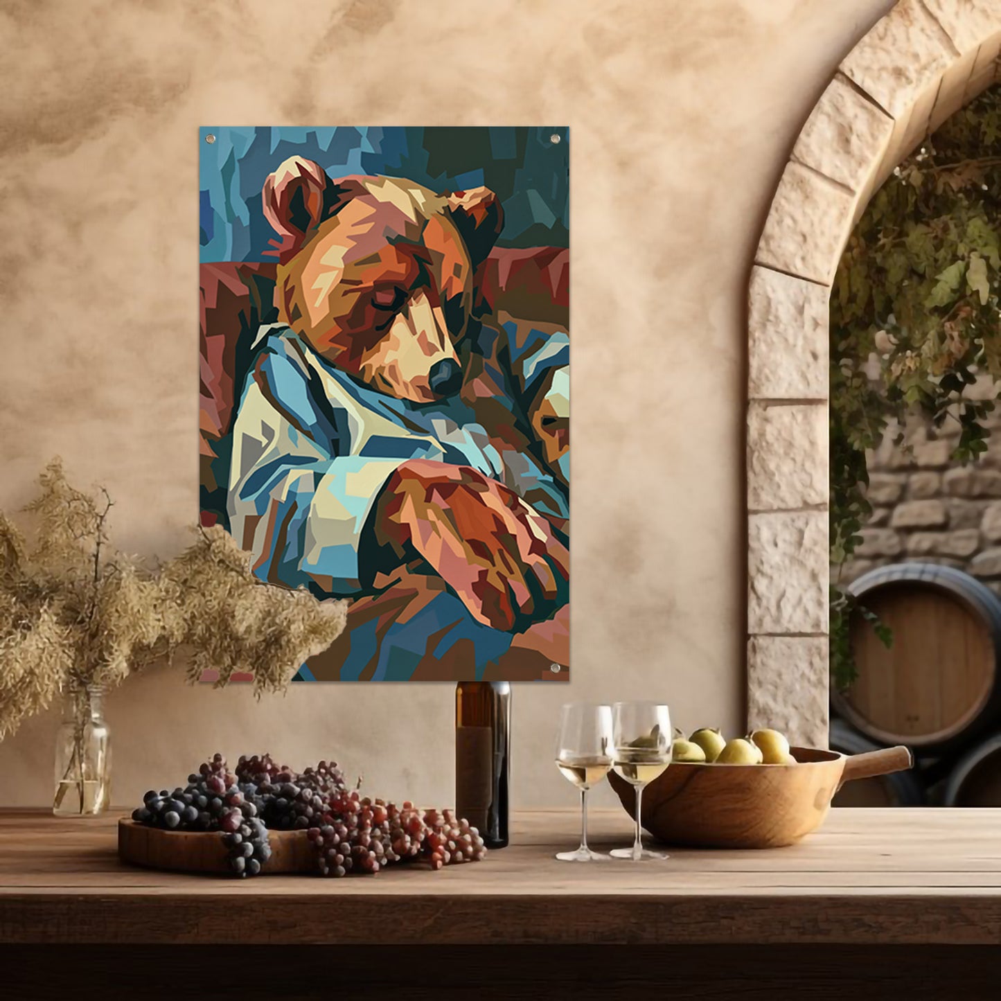 Kubistische Slapende Beer in Blauw Pak tuinposter