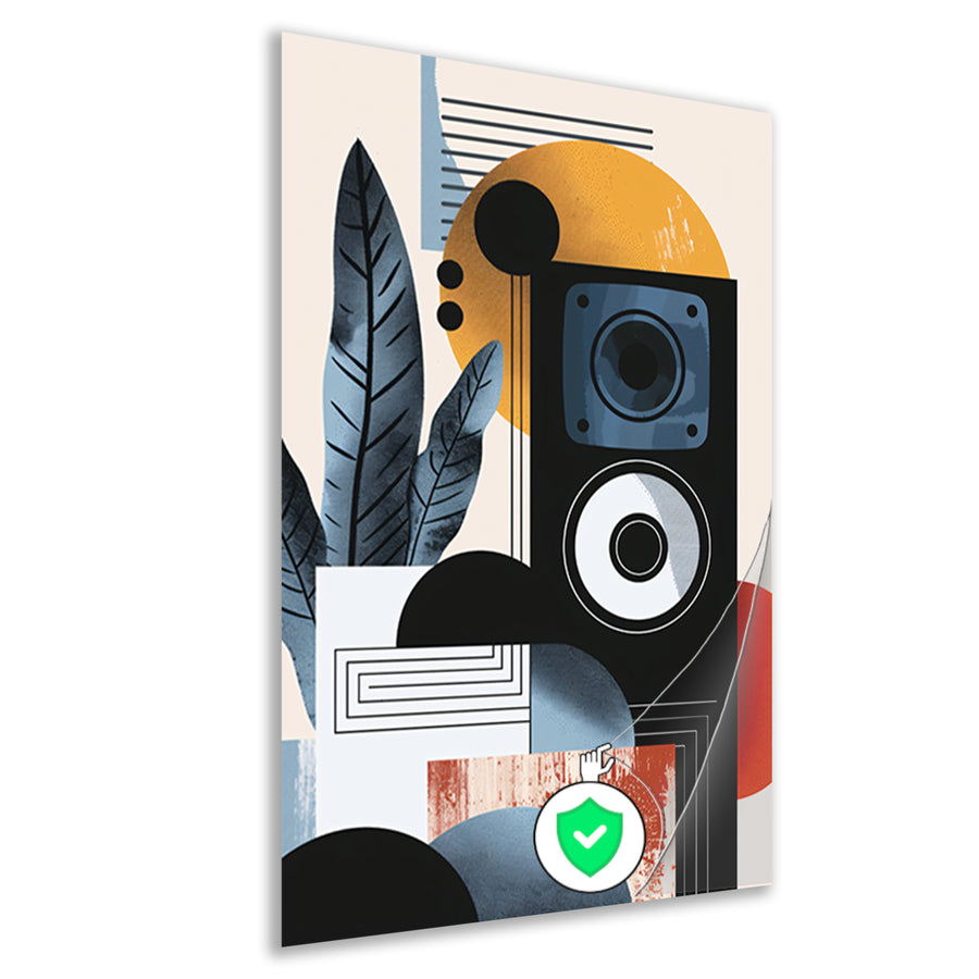 Abstracte kunst met luidspreker en plant poster