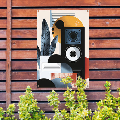 Abstracte kunst met luidspreker en plant tuinposter