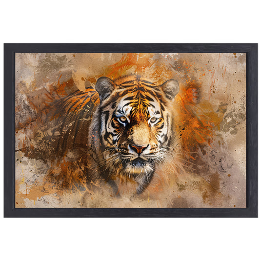 Abstract expressief tijgerportret in oranje tinten canvas met baklijst