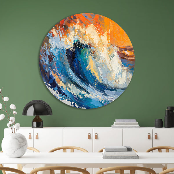 Kleurrijke abstracte schilderij van oceaangolf aluminium muurcirkel