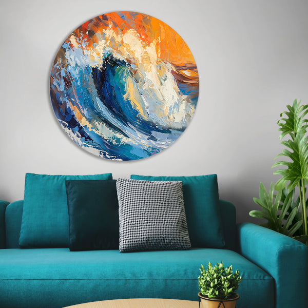 Kleurrijke abstracte schilderij van oceaangolf aluminium muurcirkel