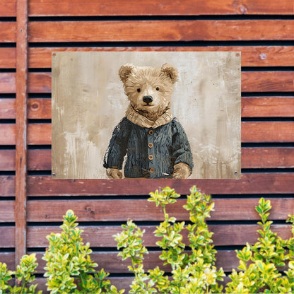 Beer in trui tegen vintage achtergrond   tuinposter