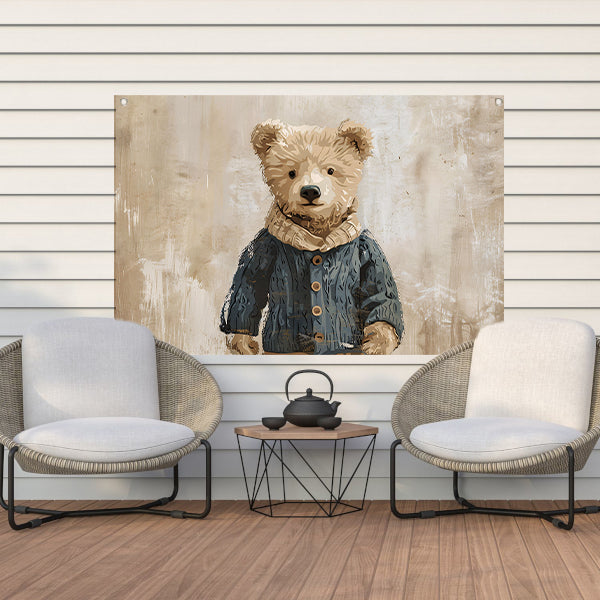 Beer in trui tegen vintage achtergrond   tuinposter