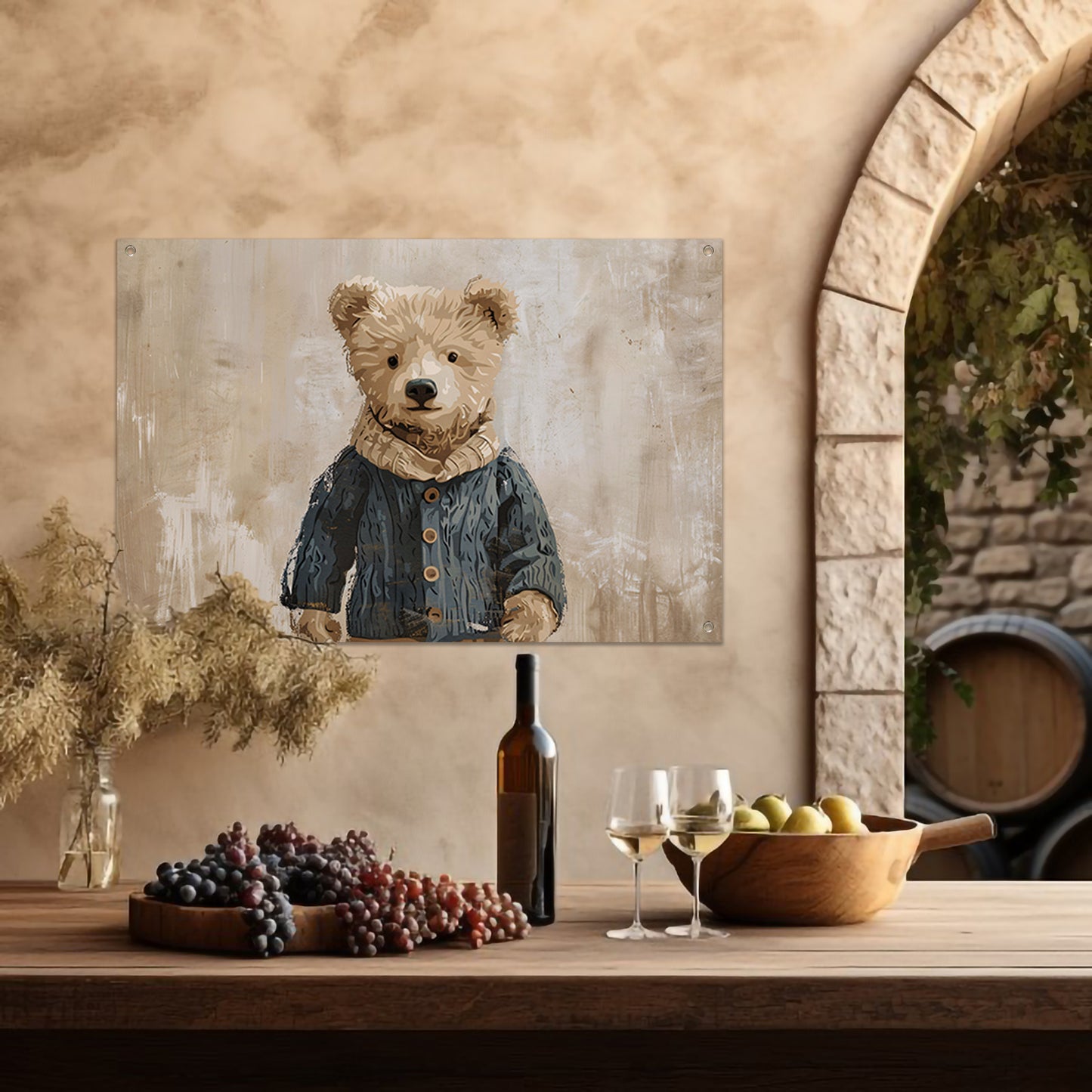 Beer in trui tegen vintage achtergrond   tuinposter