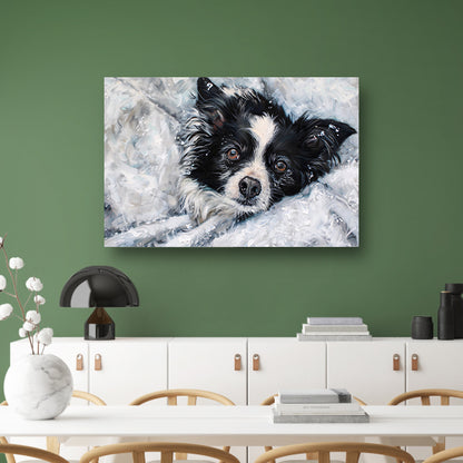 Realistisch schilderij van hond in de sneeuw canvas