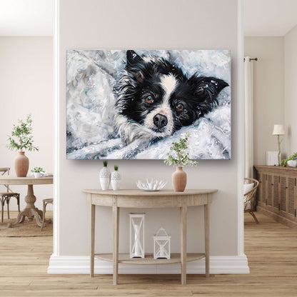 Realistisch schilderij van hond in de sneeuw canvas