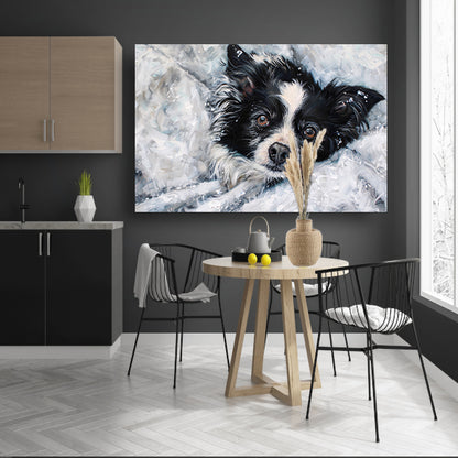 Realistisch schilderij van hond in de sneeuw canvas