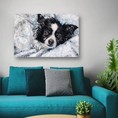 Realistisch schilderij van hond in de sneeuw canvas