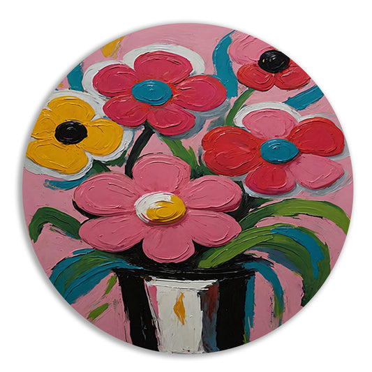 Kleurrijke Bloemen in Vaas op Roze Achtergrond aluminium muurcirkel
