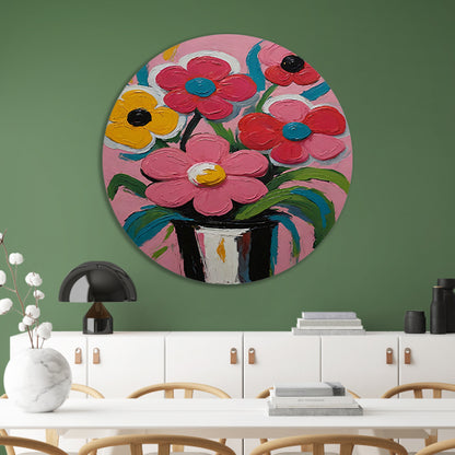 Kleurrijke Bloemen in Vaas op Roze Achtergrond aluminium muurcirkel