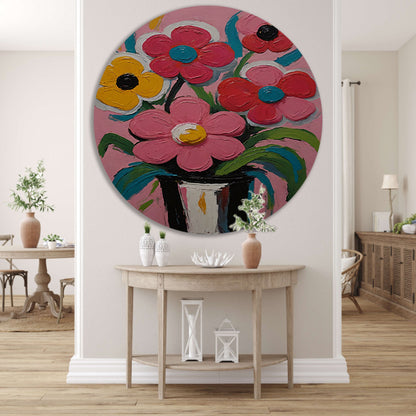 Kleurrijke Bloemen in Vaas op Roze Achtergrond aluminium muurcirkel
