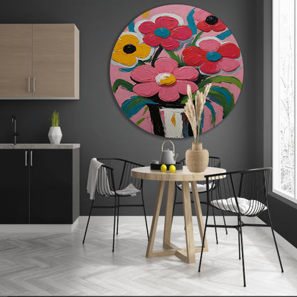Kleurrijke Bloemen in Vaas op Roze Achtergrond aluminium muurcirkel