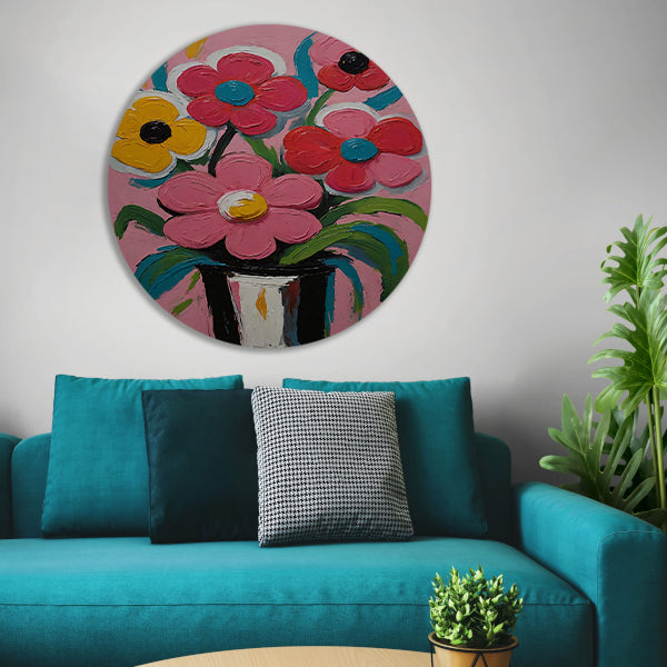 Kleurrijke Bloemen in Vaas op Roze Achtergrond aluminium muurcirkel