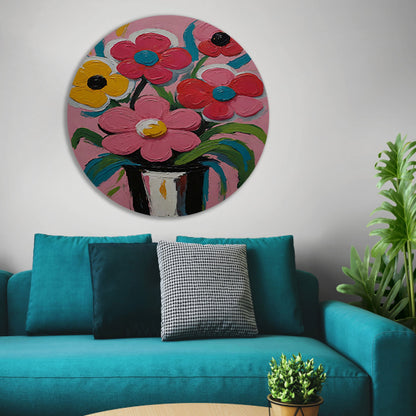 Kleurrijke Bloemen in Vaas op Roze Achtergrond aluminium muurcirkel