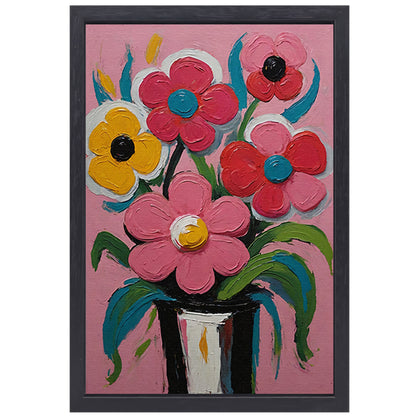 Kleurrijke Bloemen in Vaas op Roze Achtergrond canvas met baklijst