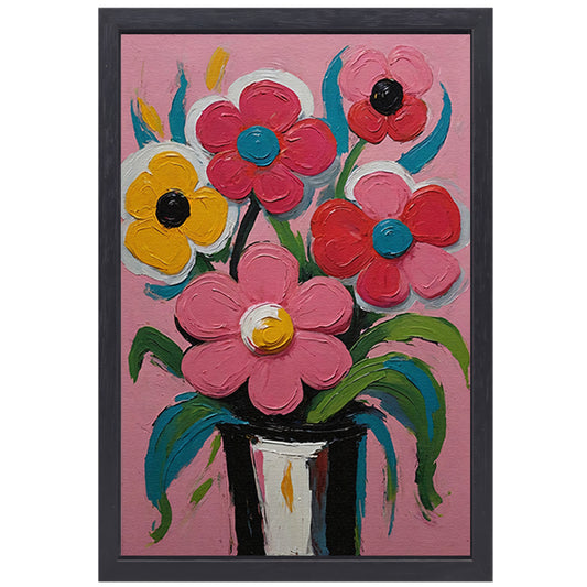Kleurrijke Bloemen in Vaas op Roze Achtergrond canvas met baklijst